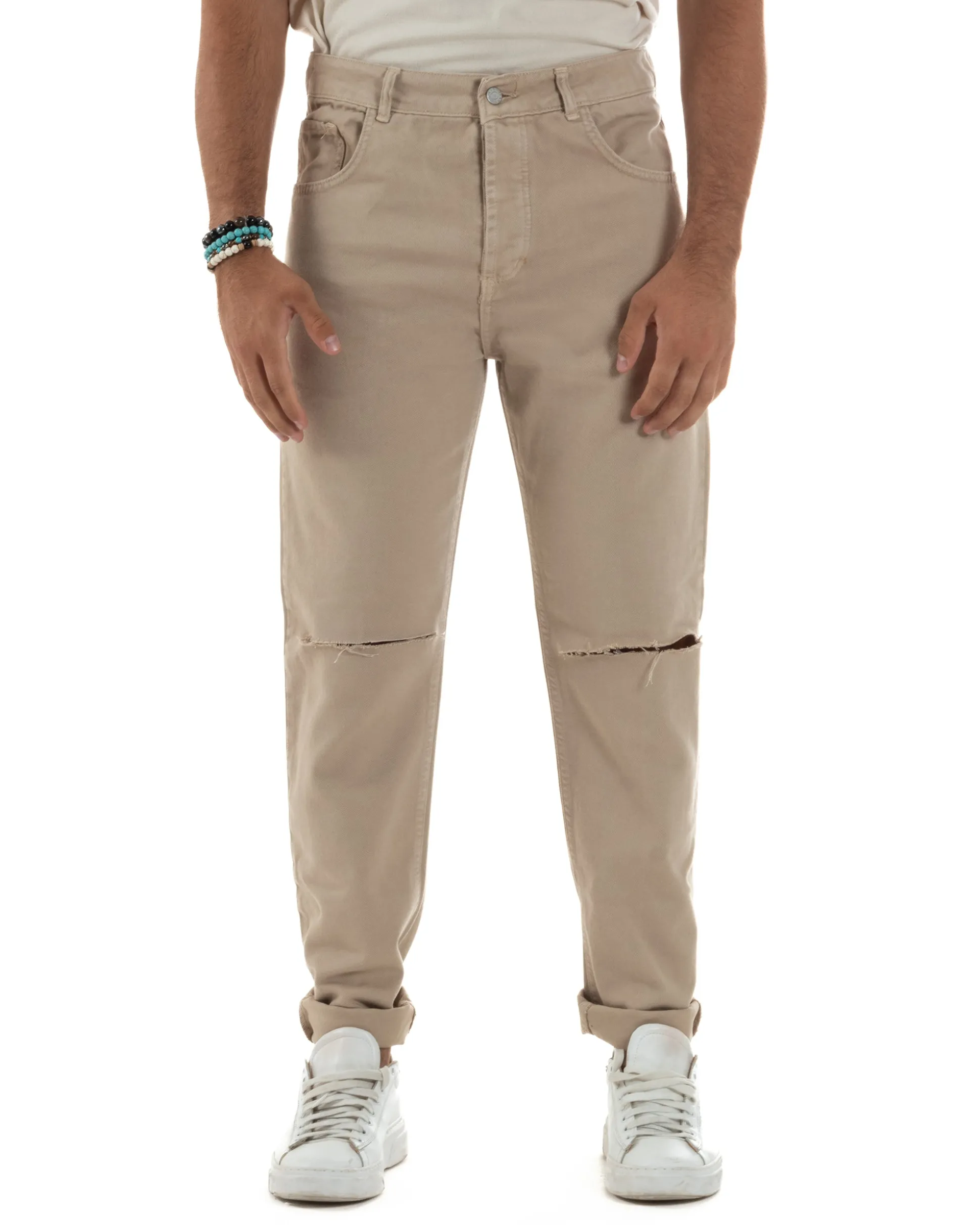 Jeans Uomo Loose Fit Pantaloni Taglio Ginocchio Casual Basic Beige JS1134A