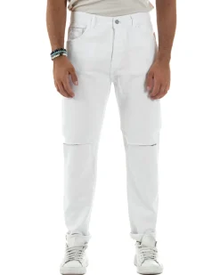 Jeans Uomo Loose Fit Pantaloni Taglio Ginocchio Casual Basic Bianco JS1133A