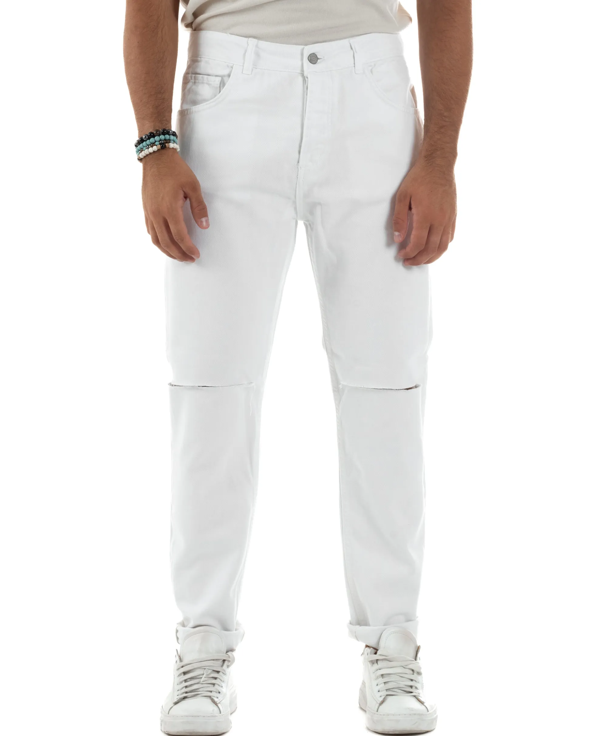 Jeans Uomo Loose Fit Pantaloni Taglio Ginocchio Casual Basic Bianco JS1133A