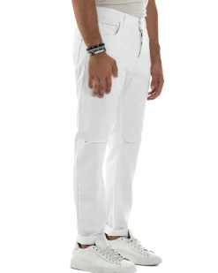 Jeans Uomo Loose Fit Pantaloni Taglio Ginocchio Casual Basic Bianco JS1133A