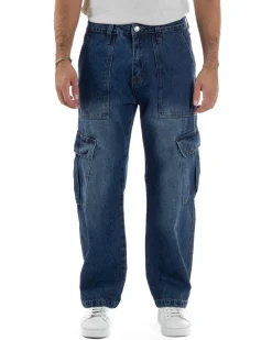 Jeans Uomo Pantaloni Cargo Denim Scuro Baggy Fit JS1155A