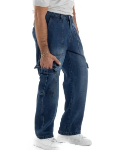Jeans Uomo Pantaloni Cargo Denim Scuro Baggy Fit JS1155A