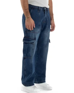 Jeans Uomo Pantaloni Cargo Denim Scuro Baggy Fit JS1155A