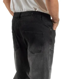 Jeans Uomo Pantaloni Carpenter Denim Sfumato Nero Baggy Fit JS1157A