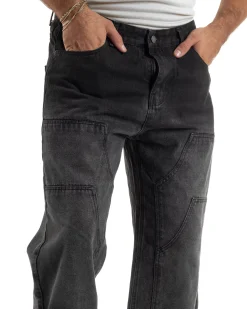 Jeans Uomo Pantaloni Carpenter Denim Sfumato Nero Baggy Fit JS1157A
