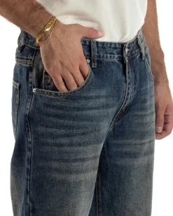 Jeans Uomo Pantaloni Denim Sfumato Sabbiato Blu Baggy Fit JS1158A