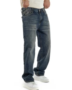 Jeans Uomo Pantaloni Denim Sfumato Sabbiato Blu Baggy Fit JS1158A