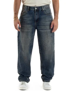 Jeans Uomo Pantaloni Denim Sfumato Sabbiato Blu Baggy Fit JS1158A