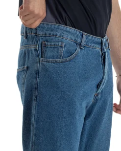 Jeans Uomo Pantaloni Regular Fit Basic Taglio Al Ginocchio Denim Scuro JS1101A
