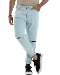 Jeans Uomo Pantaloni Regular Fit Basic Taglio Al Ginocchio Denim Chiaro JS1099A