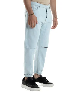 Jeans Uomo Pantaloni Regular Fit Basic Taglio Al Ginocchio Denim Chiaro JS1099A