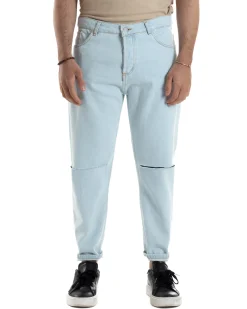 Jeans Uomo Pantaloni Regular Fit Basic Taglio Al Ginocchio Denim Chiaro JS1099A