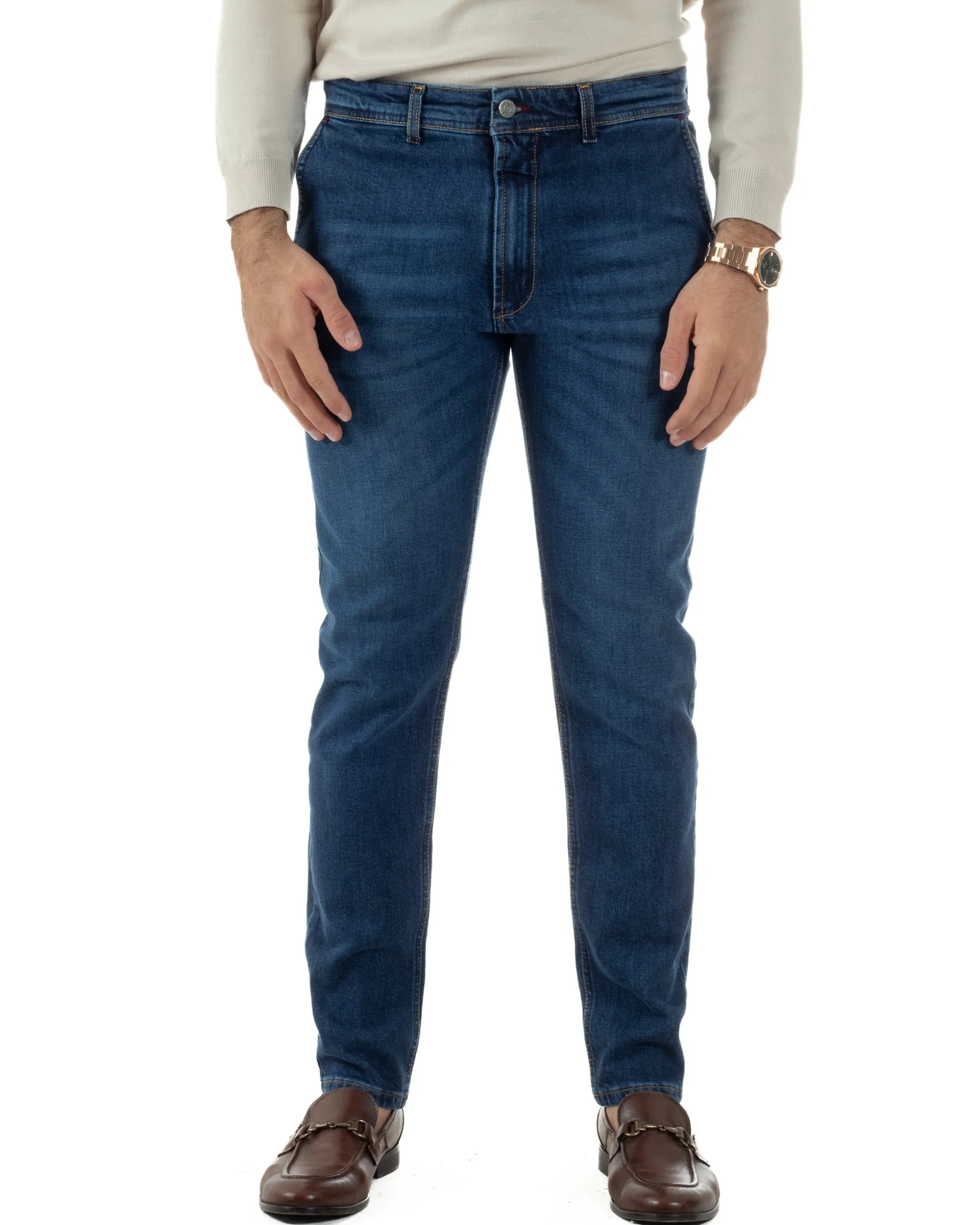Jeans Uomo Pantaloni Tasche America Slim Fit Basic Denim Scuro Blu JS1170A