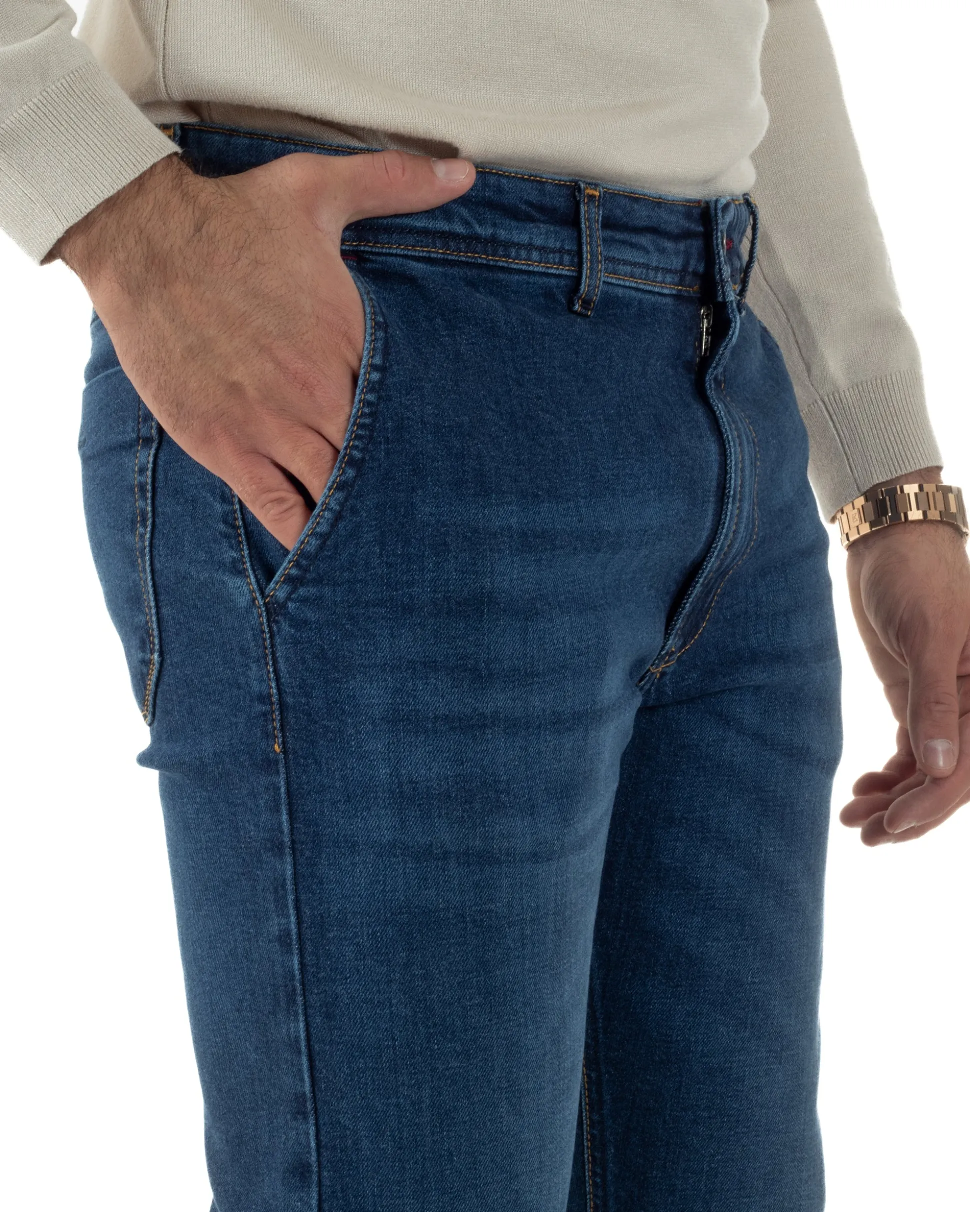Jeans Uomo Pantaloni Tasche America Slim Fit Basic Denim Scuro Blu JS1170A