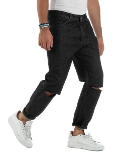 Jeans Uomo Regular Fit Taglio Ginocchio Basic Denim Nero JS1137A