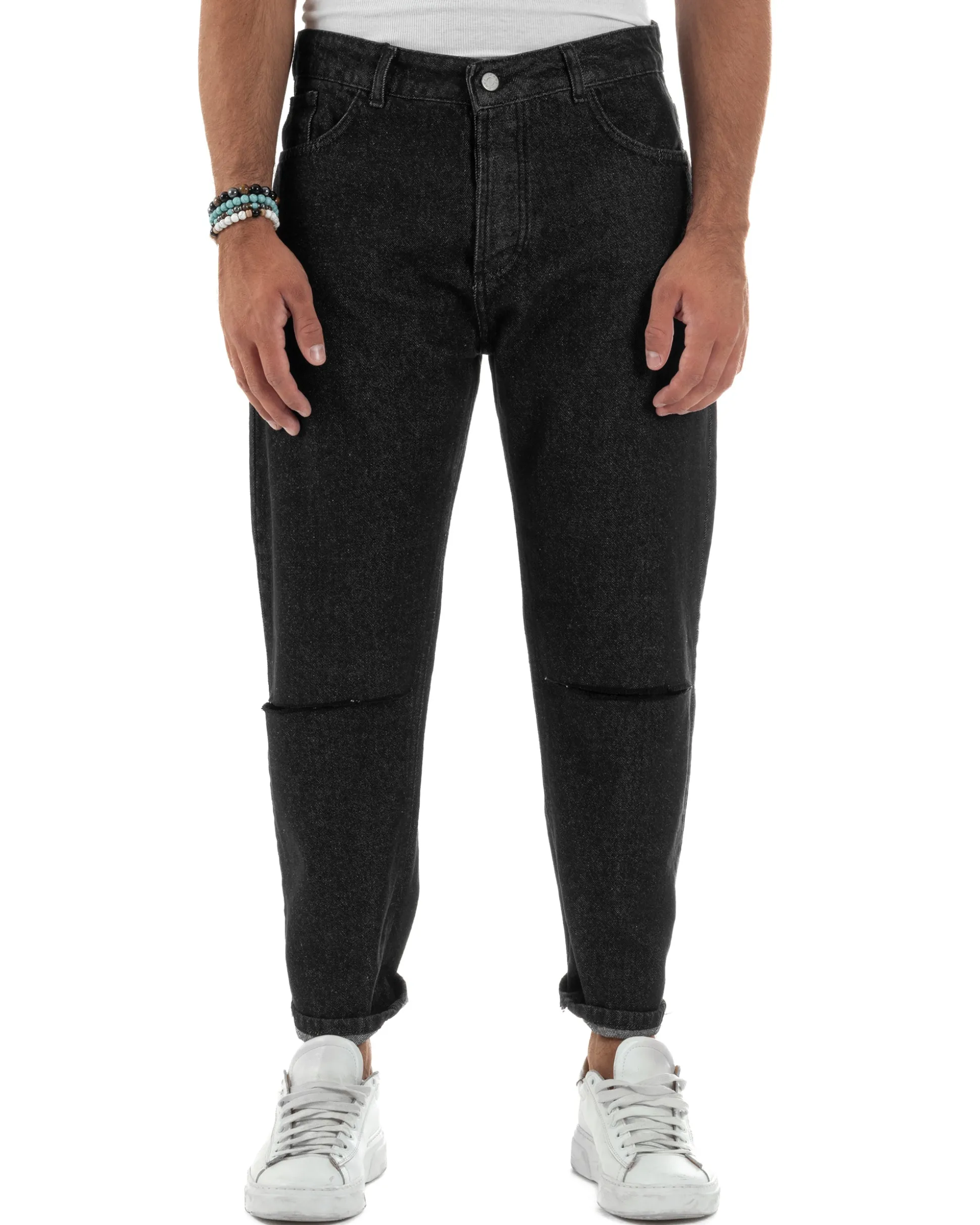 Jeans Uomo Regular Fit Taglio Ginocchio Basic Denim Nero JS1137A
