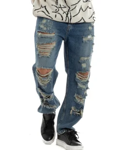 Jeans Uomo Sabbiato Pantaloni Con Rotture Streetwear Cinque Tasche Straight Fit Casual Stone Washed Cotone Denim GIOSAL-JS1059A