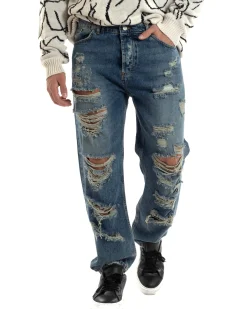 Jeans Uomo Sabbiato Pantaloni Con Rotture Streetwear Cinque Tasche Straight Fit Casual Stone Washed Cotone Denim GIOSAL-JS1059A