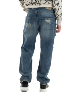 Jeans Uomo Sabbiato Pantaloni Con Rotture Streetwear Cinque Tasche Straight Fit Casual Stone Washed Cotone Denim GIOSAL-JS1059A