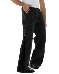 Jeans Uomo Wide Leg Zip Laterali Pantaloni Baggy Denim Nero JS1161A