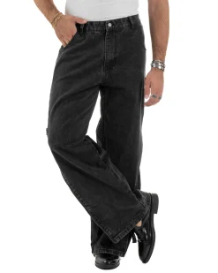 Jeans Uomo Wide Leg Zip Laterali Pantaloni Baggy Denim Nero JS1161A