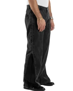 Jeans Uomo Wide Leg Zip Laterali Pantaloni Baggy Denim Nero JS1161A