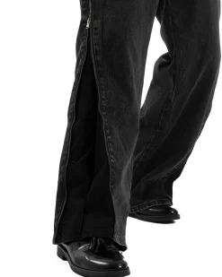 Jeans Uomo Wide Leg Zip Laterali Pantaloni Baggy Denim Nero JS1161A