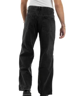 Jeans Uomo Wide Leg Zip Laterali Pantaloni Baggy Denim Nero JS1161A