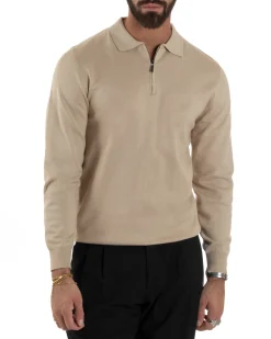 Maglia Colletto Polo Con Zip Basic Beige M3030A