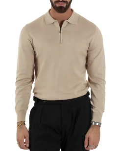 Maglia Colletto Polo Con Zip Basic Beige M3030A