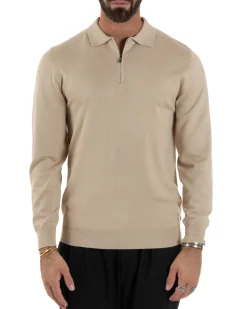 Maglia Colletto Polo Con Zip Basic Beige M3030A