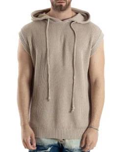 Maglia Gilet Uomo Maglioncino Con Cappuccio Smanicato Basic Casual Tinta Unita Beige GIOSAL-M2831A