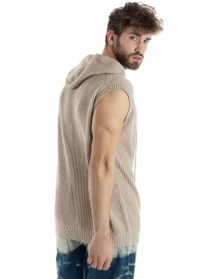 Maglia Gilet Uomo Maglioncino Con Cappuccio Smanicato Basic Casual Tinta Unita Beige GIOSAL-M2831A