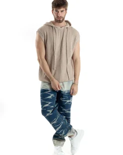 Maglia Gilet Uomo Maglioncino Con Cappuccio Smanicato Basic Casual Tinta Unita Beige GIOSAL-M2831A