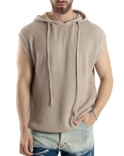 Maglia Gilet Uomo Maglioncino Con Cappuccio Smanicato Basic Casual Tinta Unita Beige GIOSAL-M2831A
