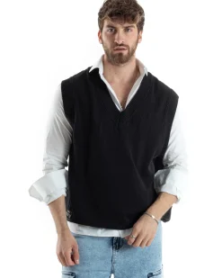 Maglia Gilet Uomo Maglioncino Scollo V Smanicato Basic Casual Tinta Unita Nero GIOSAL-M2827A