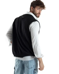 Maglia Gilet Uomo Maglioncino Scollo V Smanicato Basic Casual Tinta Unita Nero GIOSAL-M2827A