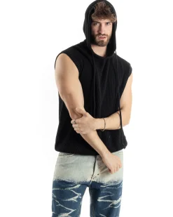 Maglia Gilet Uomo Maglioncino Con Cappuccio Smanicato Basic Casual Tinta Unita Nero GIOSAL-M2829A