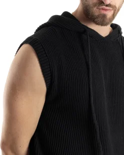 Maglia Gilet Uomo Maglioncino Con Cappuccio Smanicato Basic Casual Tinta Unita Nero GIOSAL-M2829A