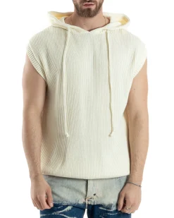Maglia Gilet Uomo Maglioncino Con Cappuccio Smanicato Basic Casual Tinta Unita Bianco GIOSAL-M2830A