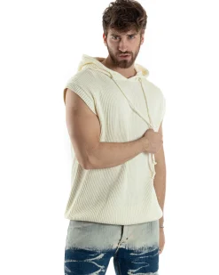 Maglia Gilet Uomo Maglioncino Con Cappuccio Smanicato Basic Casual Tinta Unita Bianco GIOSAL-M2830A