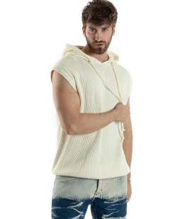 Maglia Gilet Uomo Maglioncino Con Cappuccio Smanicato Basic Casual Tinta Unita Bianco GIOSAL-M2830A