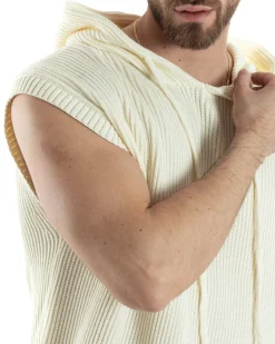 Maglia Gilet Uomo Maglioncino Con Cappuccio Smanicato Basic Casual Tinta Unita Bianco GIOSAL-M2830A