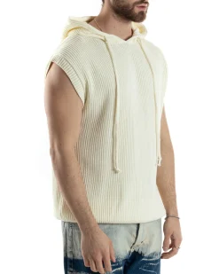 Maglia Gilet Uomo Maglioncino Con Cappuccio Smanicato Basic Casual Tinta Unita Bianco GIOSAL-M2830A