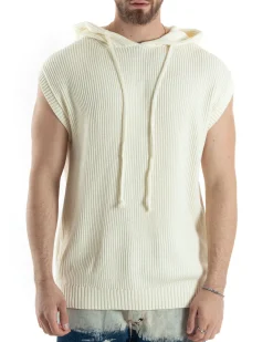 Maglia Gilet Uomo Maglioncino Con Cappuccio Smanicato Basic Casual Tinta Unita Bianco GIOSAL-M2830A