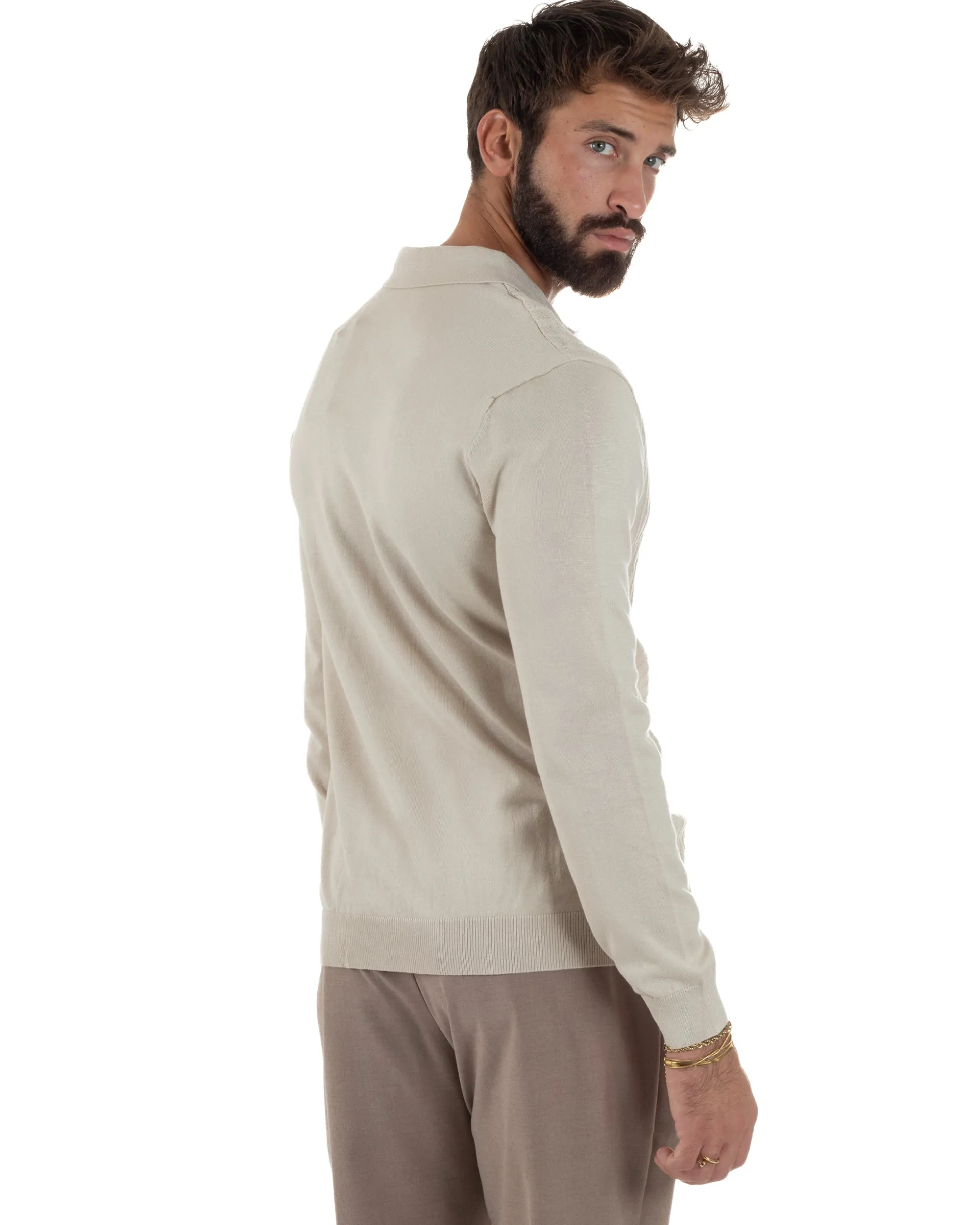 Maglia Uomo Colletto Polo Maglioncino Trecce Basic Beige M3037A