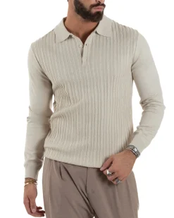 Maglia Uomo Colletto Polo Maglioncino Trecce Basic Beige M3037A