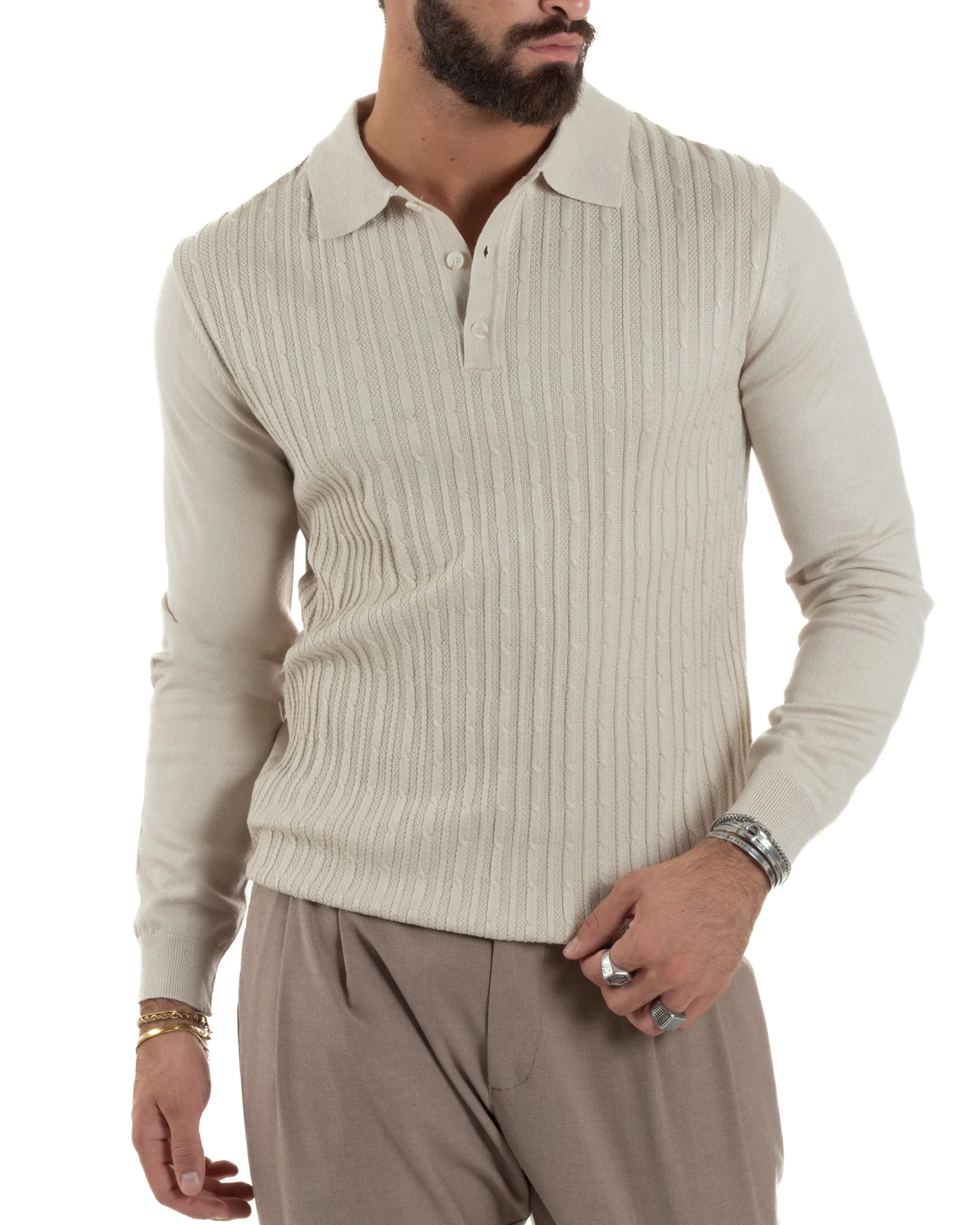 Maglia Uomo Colletto Polo Maglioncino Trecce Basic Beige M3037A