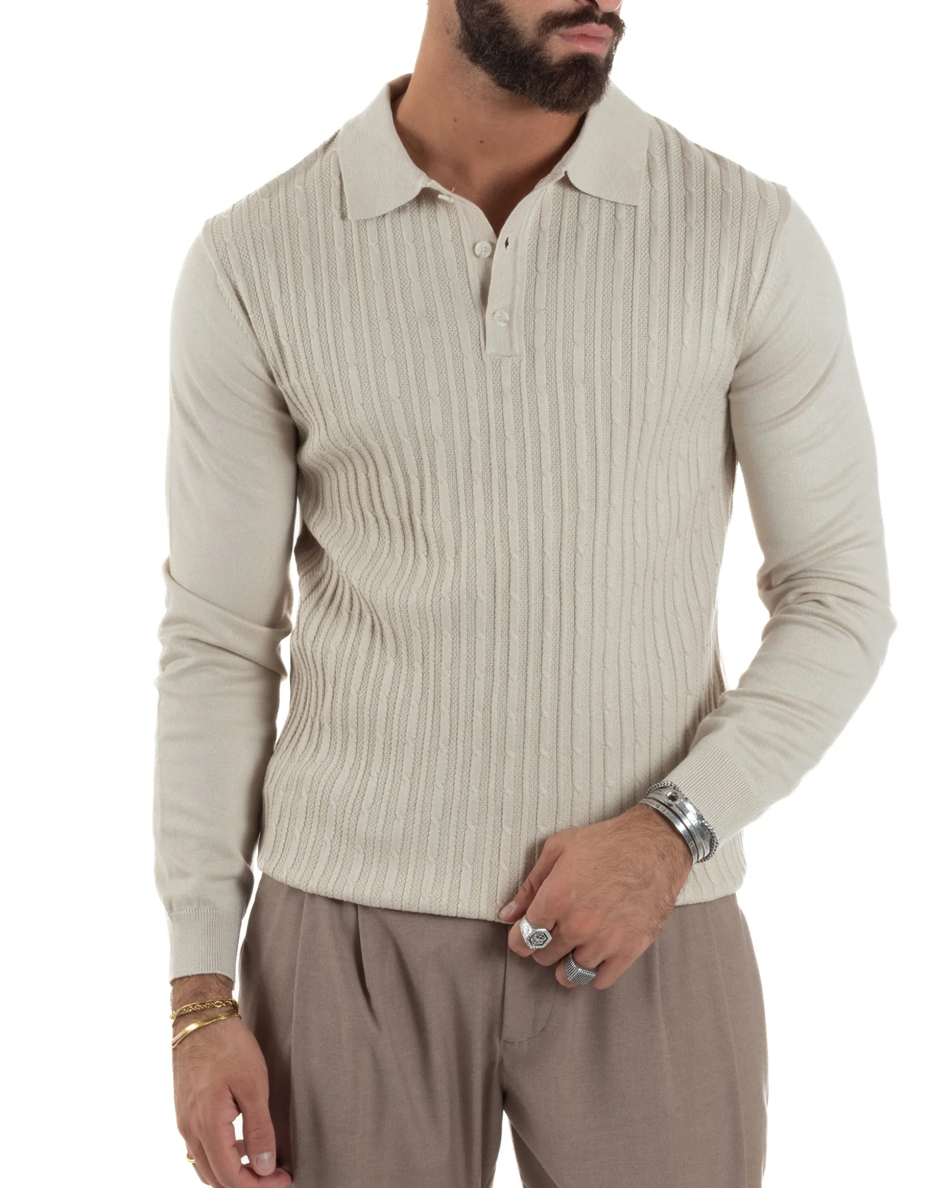 Maglia Uomo Colletto Polo Maglioncino Trecce Basic Beige M3037A