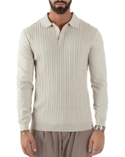 Maglia Uomo Colletto Polo Maglioncino Trecce Basic Beige M3037A
